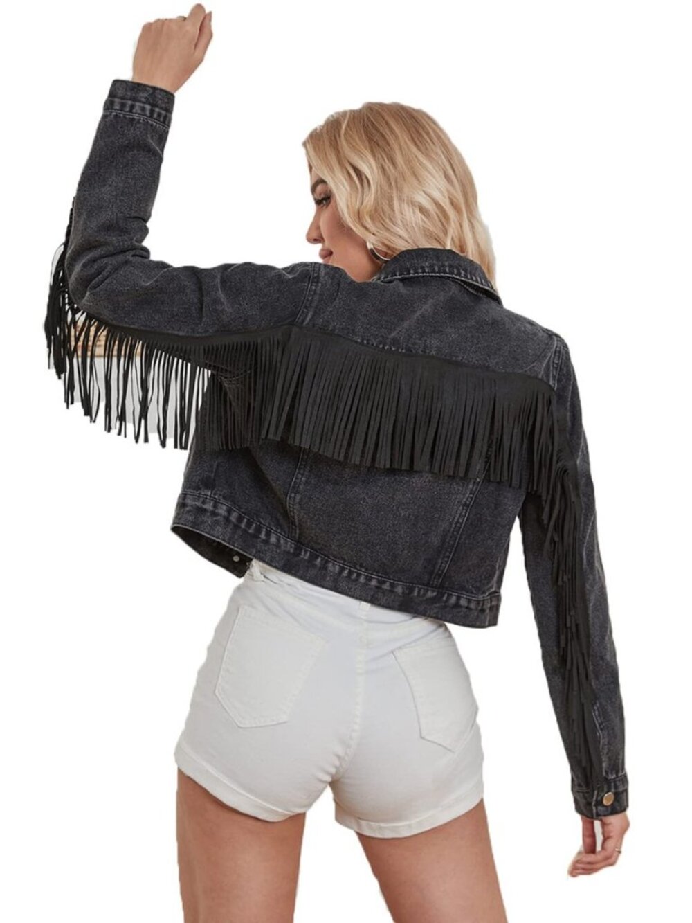 Women Cropped Denim Jacket long sleeve distressed fringe jean coat
